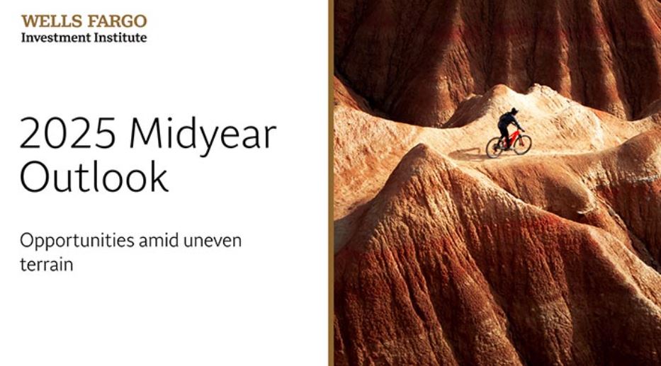 Cyclist in mountainous terrain shown next to the following text: Wells Fargo Investment Institute 2025 Midyear Outlook: Opportunities amid uneven terrain