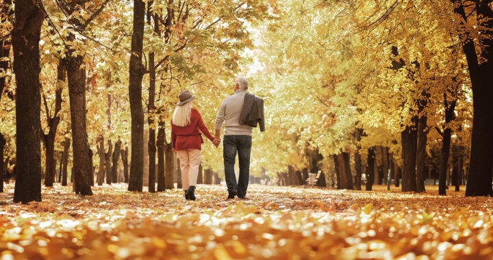 An older couple walks along a trail covered in leaves and surrounded by colorful trees.